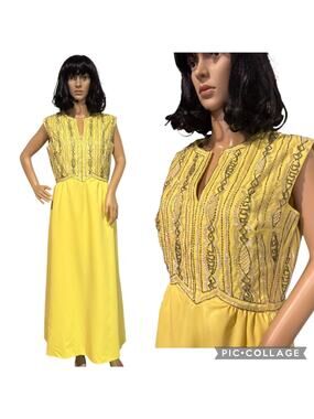 Vintage 1950s Yellow Beaded & Sequin Pearl Embellished Sleeveless Gown | Large